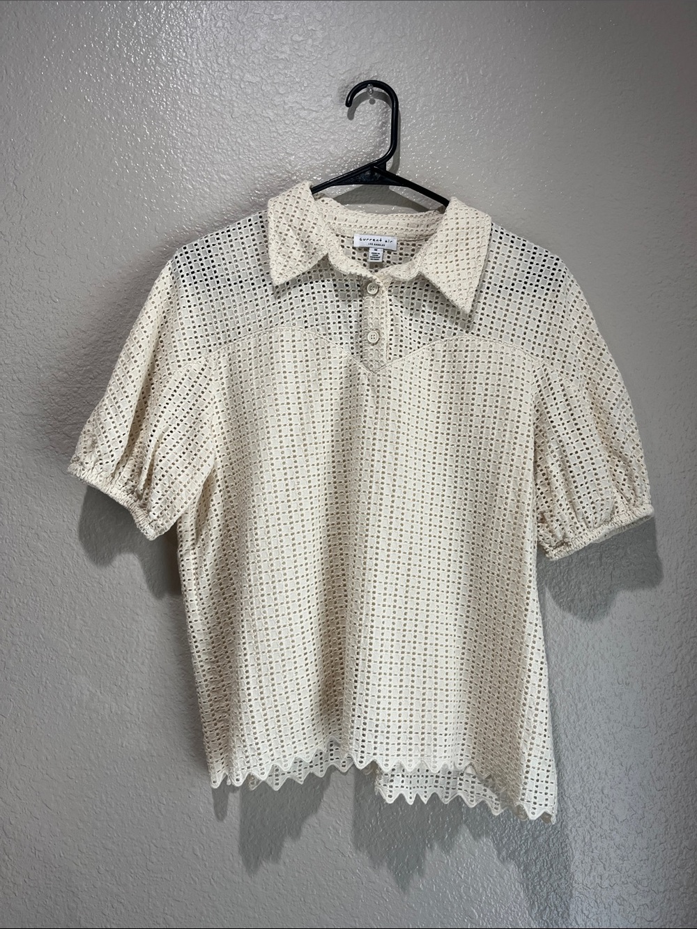 Current Air Cream Eyelet Polo with Puff Sleeves Sz M Boho Cottagecore Chic